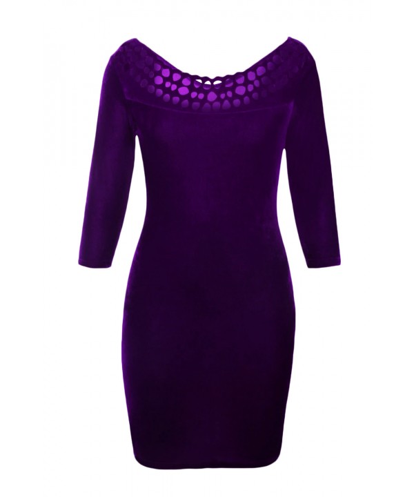 Purple Hollow Out Round Neck Sleeved Velvet Dress