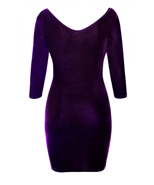 Purple Hollow Out Round Neck Sleeved Velvet Dress