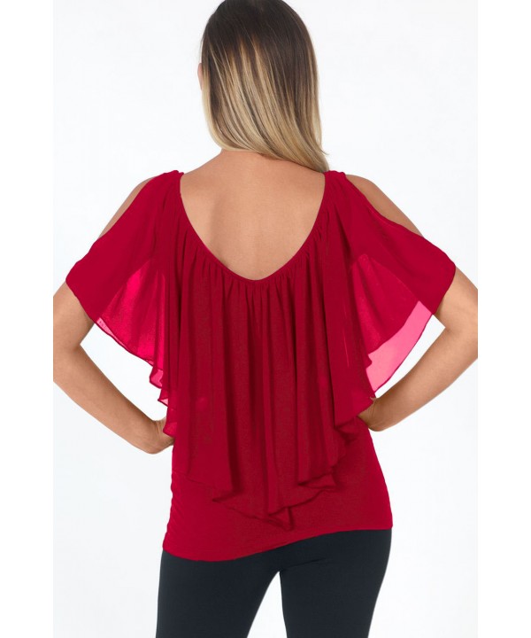 Wine Red Cold Shoulder Flutter Top