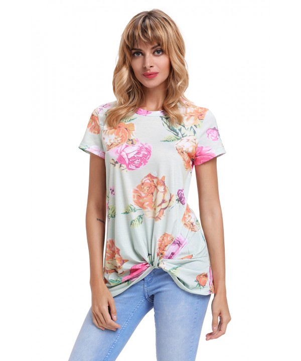 Light Green Floral Short Sleeve Knot Top