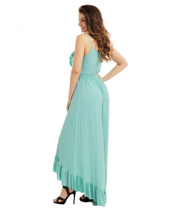 Mint Green Lace Up V Neck Ruffle Trim Hi-low Maxi Dress