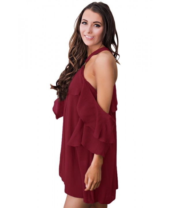 Burgundy Adorable Sexy O Ring Detail Ruffle Dress