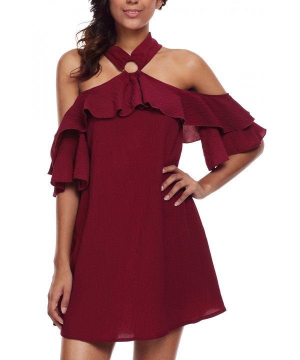 Burgundy Adorable Sexy O Ring Detail Ruffle Dress