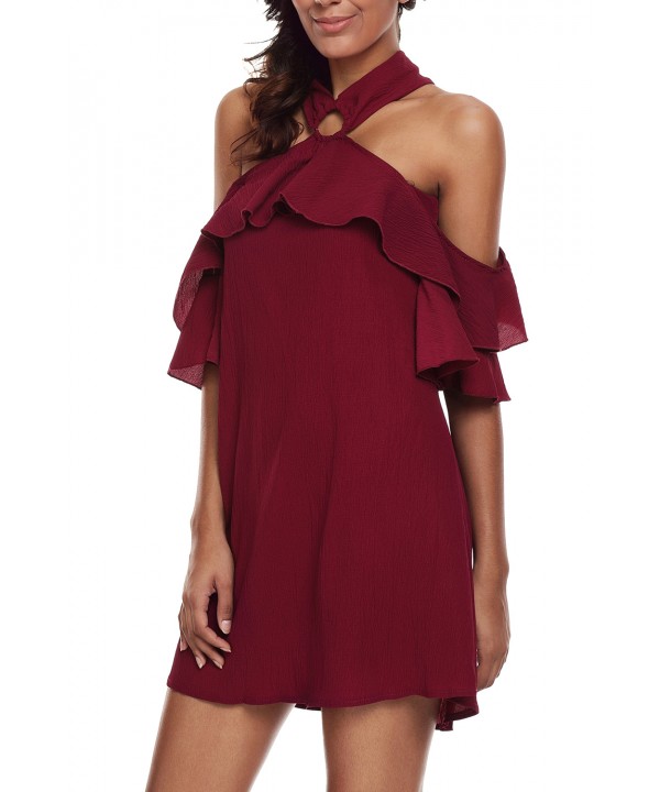 Burgundy Adorable Sexy O Ring Detail Ruffle Dress