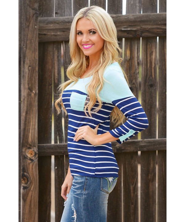 Mint Shoulder Blue White Striped Blouse