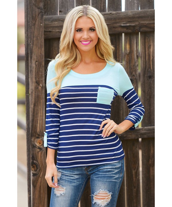 Mint Shoulder Blue White Striped Blouse