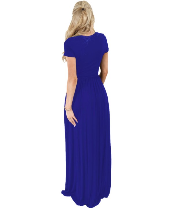 Blue Short Sleeve Ruched Waist Maxi Dress