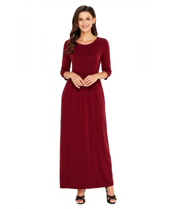 Burgundy Pocket Design 3/4 Sleeves Maxi Dress