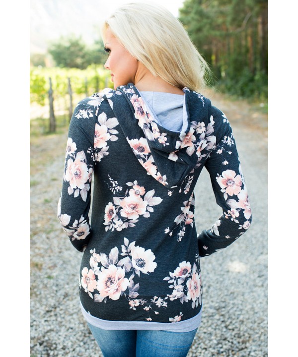 Charcoal Coral Floral Drawstring Hoodie