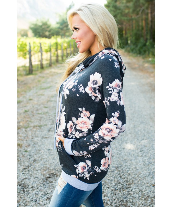 Charcoal Coral Floral Drawstring Hoodie