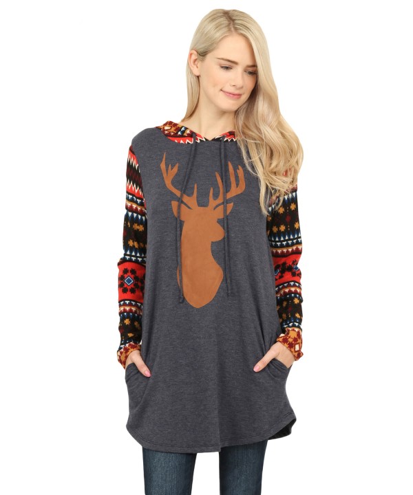 Red Christmas Suede Deer Patch Aztec Sleeve Pocket Hoodie