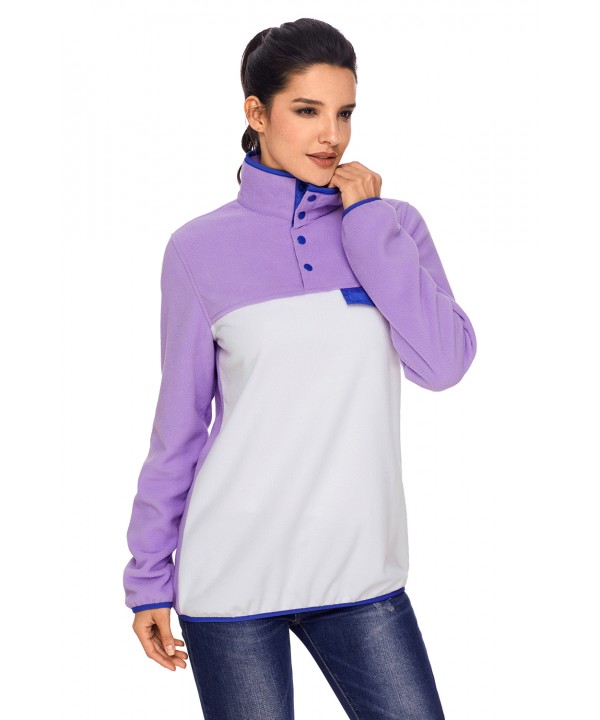 Purple Stand Collar Buttons Fleece Pullover Top