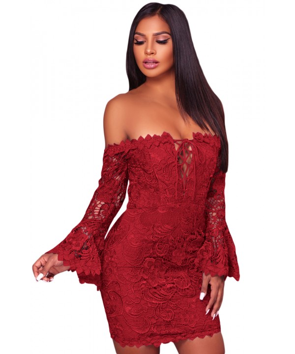 Purplish Red Crochet Overlay Off The Shoulder Fitted Mini Dress