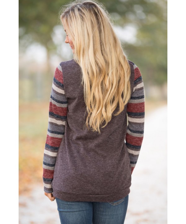 Multicolor Stripes Sleeve Pullover Mocha Sweatshirt