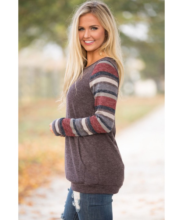 Multicolor Stripes Sleeve Pullover Mocha Sweatshirt