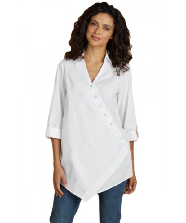 White Roll Tab Long Sleeve Asymmetric Button Blous...