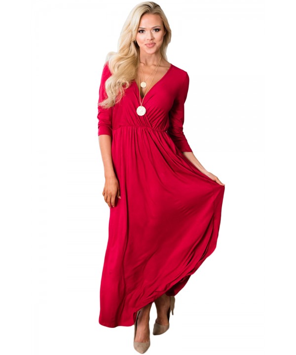 Red Surplice Neck High Waist Pleated Pocket Maxi D...