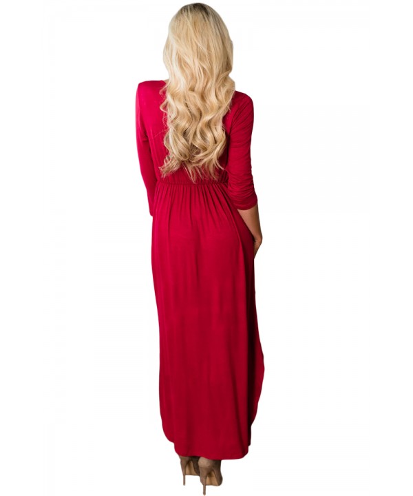 Red Surplice Neck High Waist Pleated Pocket Maxi Dress