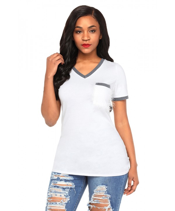 Gray Trimmed White V Neck Pocket Top