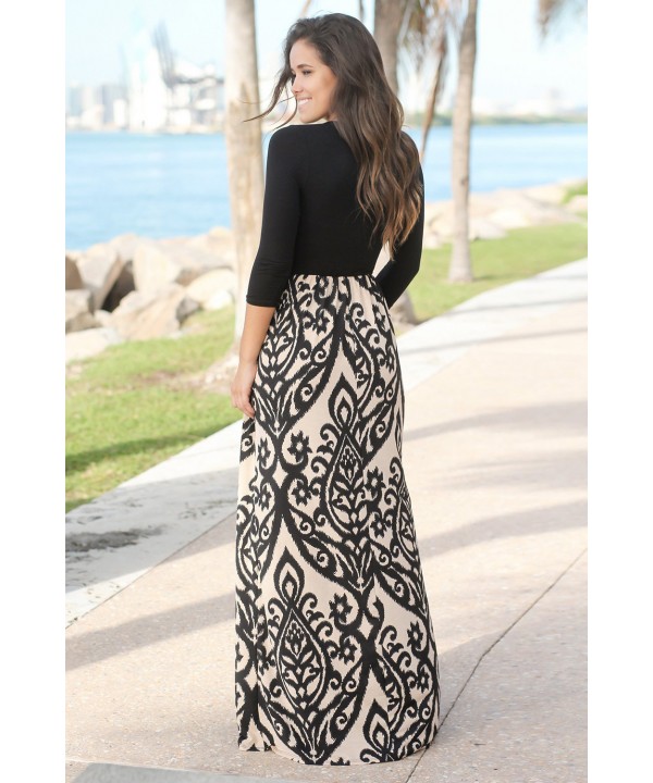 Black Taupe Printed Maxi Dress with Criss Cross Top