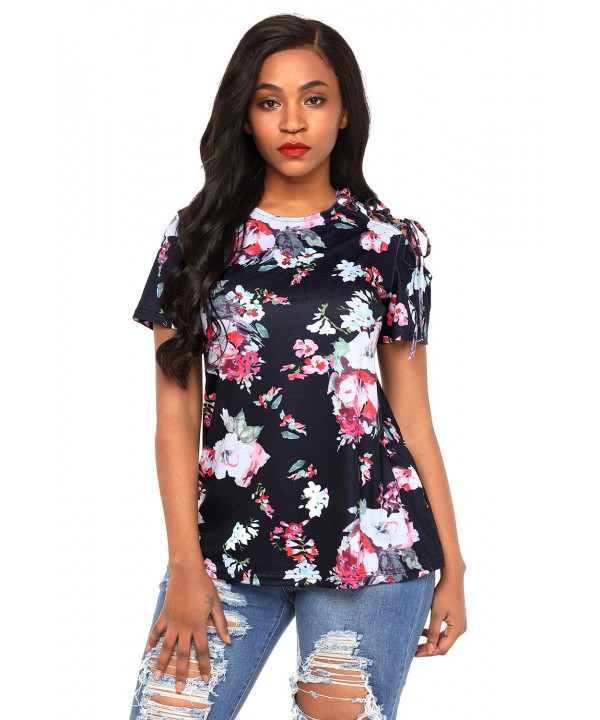 Black Floral Top with Lace up Shoulder