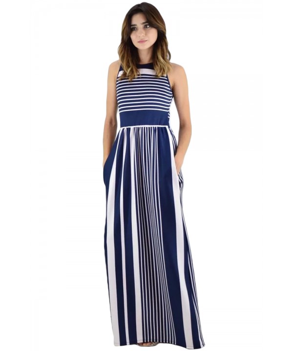 Navy White Striped Pocket Style Maxi Tank Dress