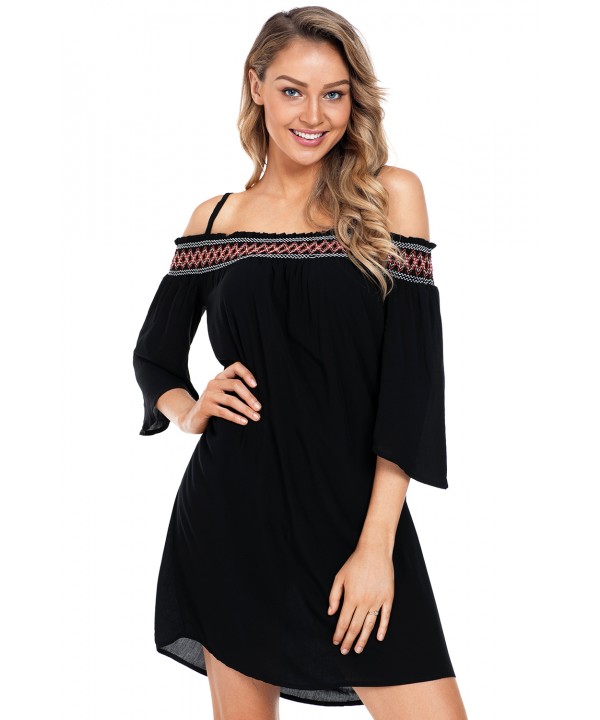 Black Off Shoulder Embroidered Neckline Boho Beach...