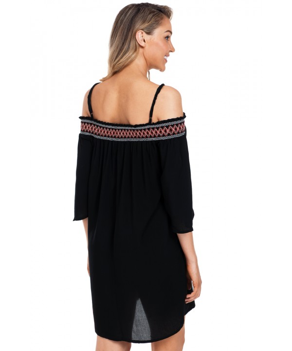 Black Off Shoulder Embroidered Neckline Boho Beach Dress