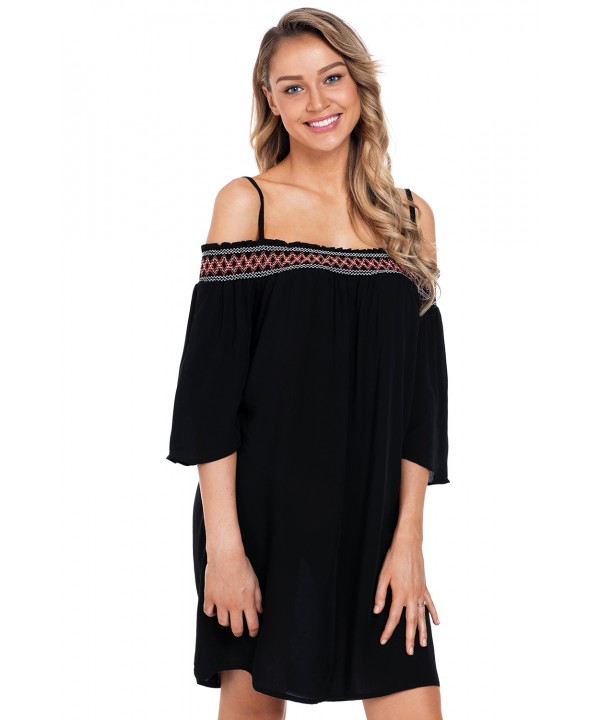 Black Off Shoulder Embroidered Neckline Boho Beach Dress