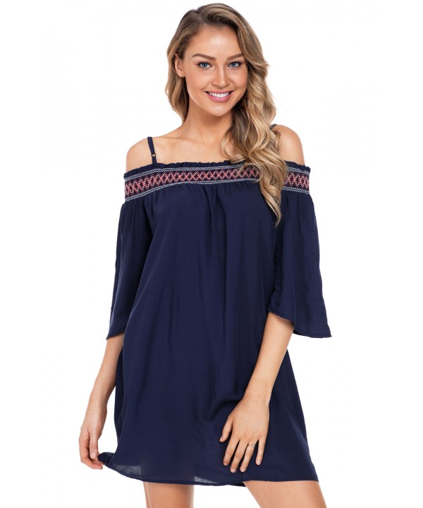 Navy Off Shoulder Embroidered Neckline Boho Beach Dress