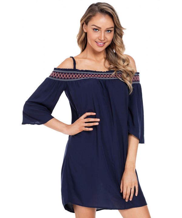 Navy Off Shoulder Embroidered Neckline Boho Beach Dress