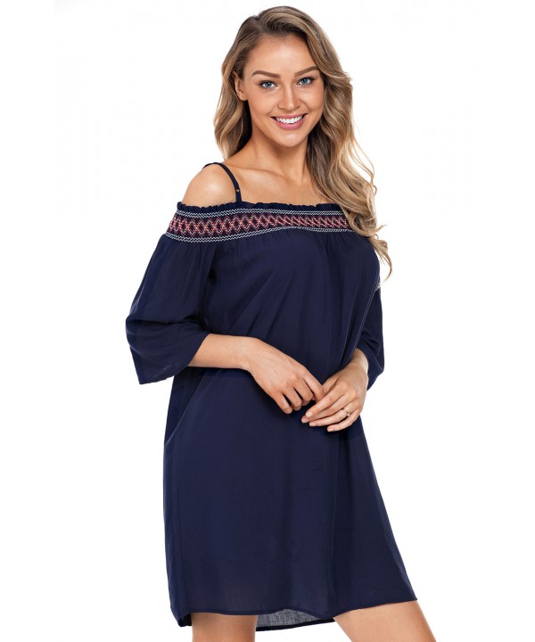 Navy Off Shoulder Embroidered Neckline Boho Beach Dress