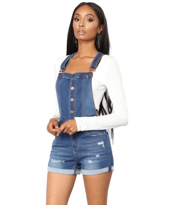 Blue Roll-up Cuffs Button Down Denim Short Overall