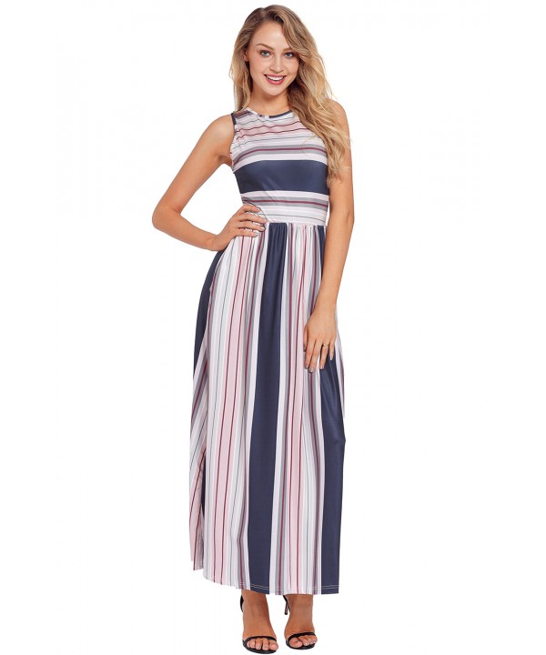 Navy Red Multi Striped Pocket Style Maxi Tank Dress