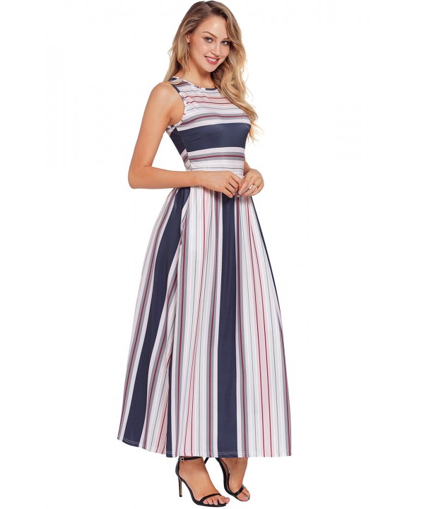 Navy Red Multi Striped Pocket Style Maxi Tank Dress