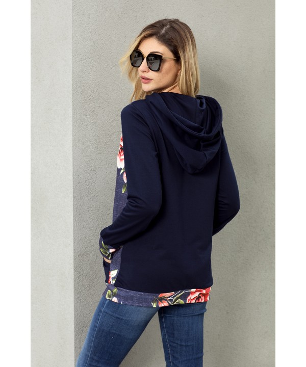 Navy Kangroo Pocket Floral Hoodie