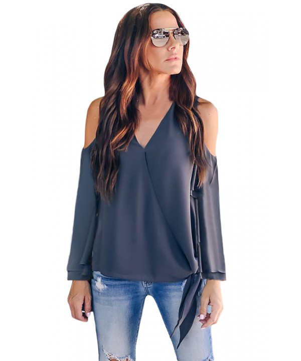 Dark Blue Cold Shoulder Side Tie Blouse