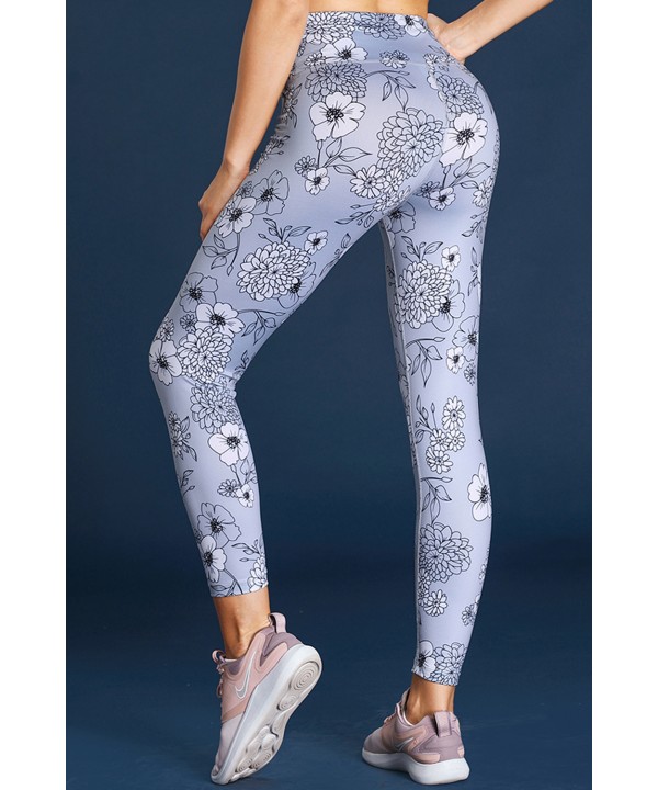 Gray Floral Print Allover High Waist Leggings