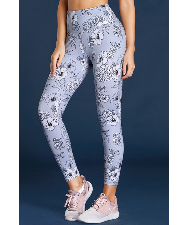 Gray Floral Print Allover High Waist Leggings