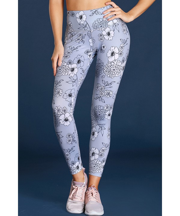 Gray Floral Print Allover High Waist Leggings