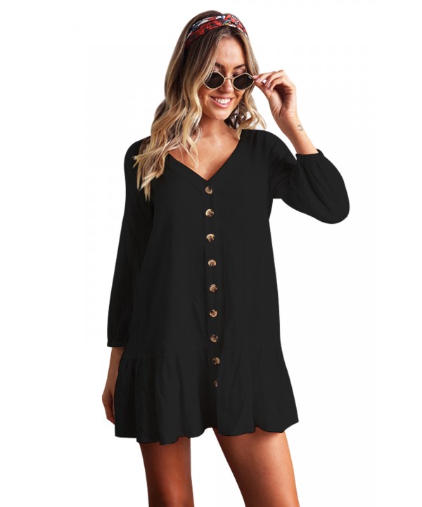 Sleeved Button Down Black Casual Short Dress