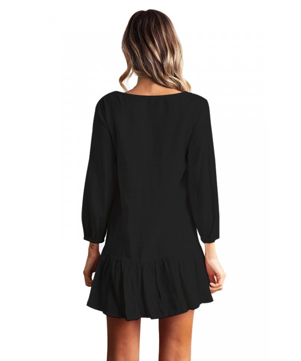 Sleeved Button Down Black Casual Short Dress