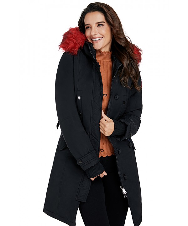 Black Plush Fur Hooded Long Parka Coat