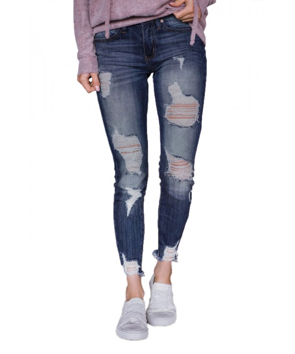 Slate Blue Wash Frayed Hem Distressed Jeans