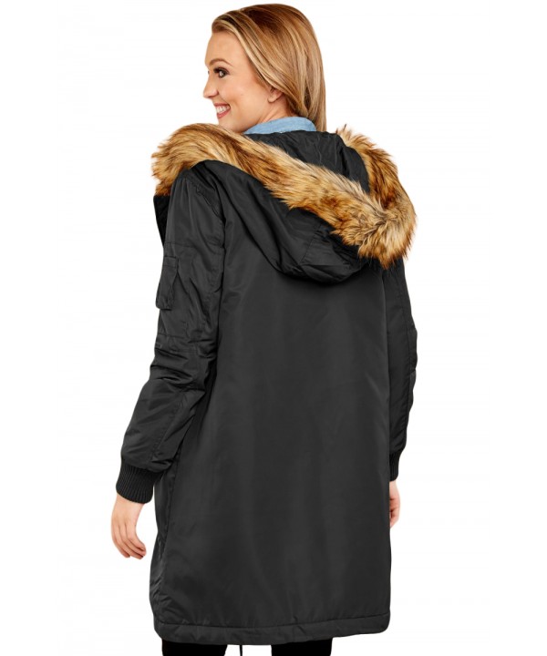 Black Fur Trim Hooded Longline Coat